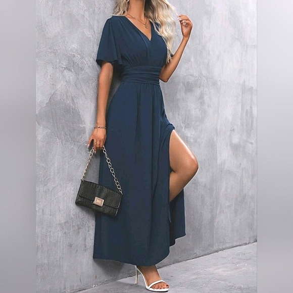 NEW Chic Ruched Waist Flutter Sleeve Maxi Dress Navy Blue - Picture 2 of 9